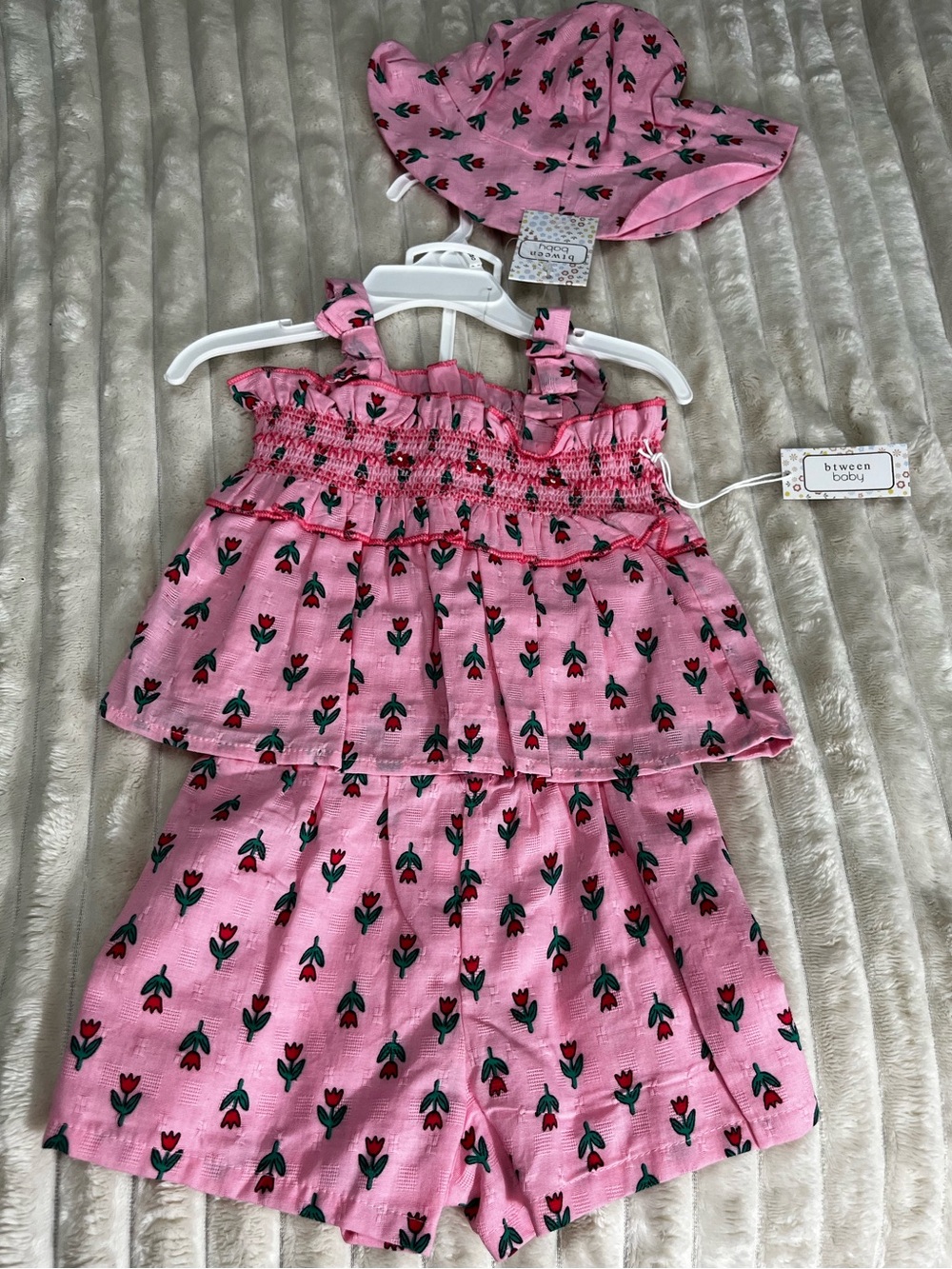 Pink Floral Smocked Tank & Shorts Set with Hat